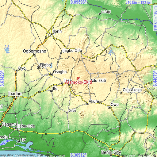 Topographic map of Aramoko-Ekiti