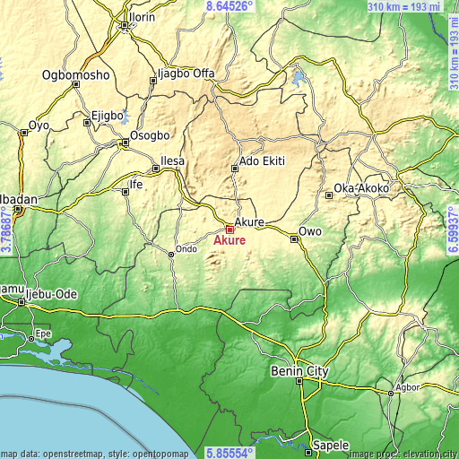 Topographic map of Akure