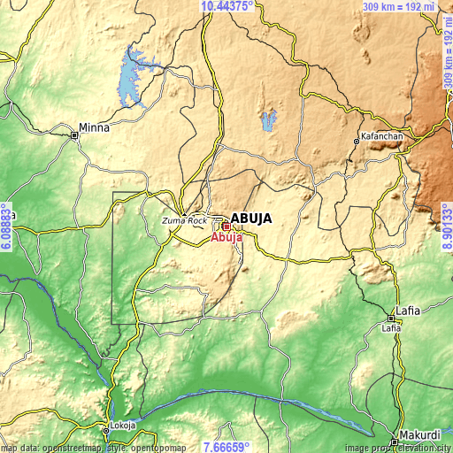 Topographic map of Abuja