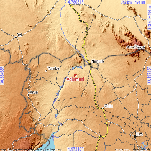 Topographic map of Adjumani