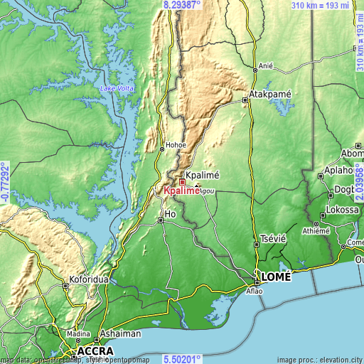 Topographic map of Kpalimé