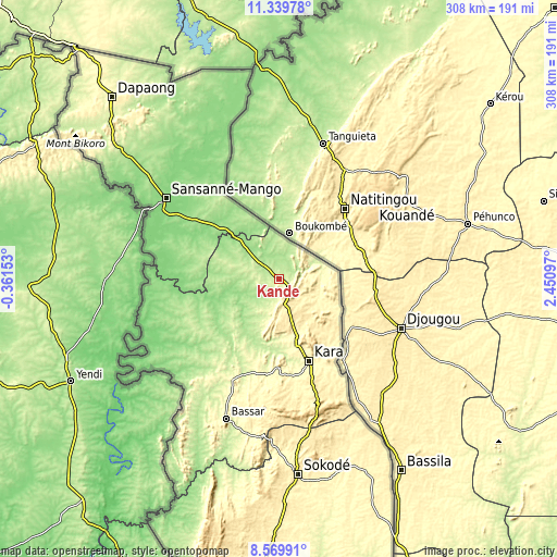 Topographic map of Kandé