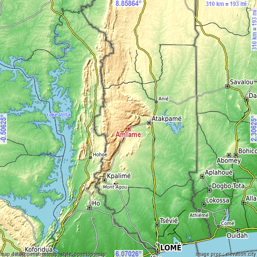 Topographic map of Amlamé