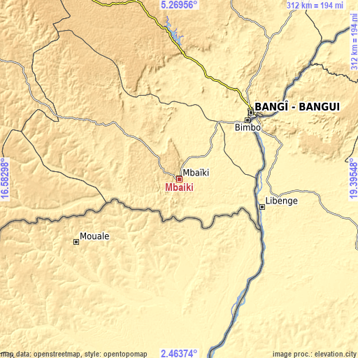 Topographic map of Mbaïki