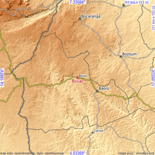 Topographic map of Bouar