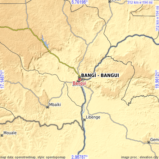 Topographic map of Bangui
