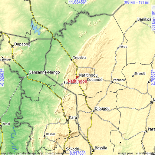 Topographic map of Natitingou