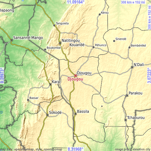 Topographic map of Djougou