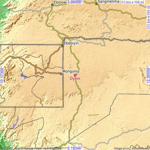 Topographic map of Oyem