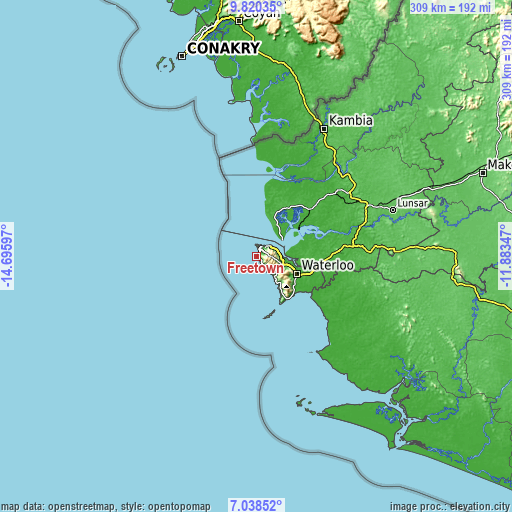 Topographic map of Freetown
