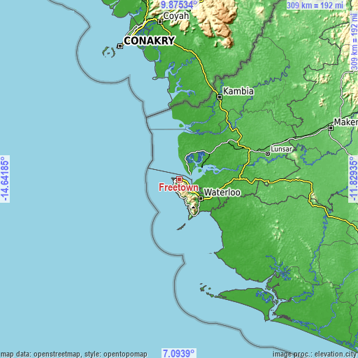 Topographic map of Freetown