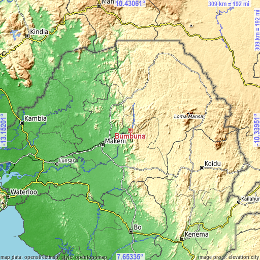 Topographic map of Bumbuna