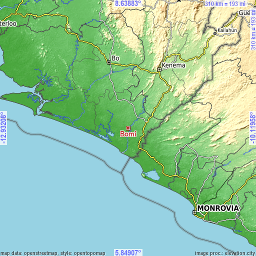 Topographic map of Bomi