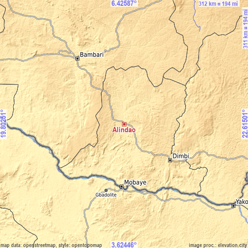 Topographic map of Alindao