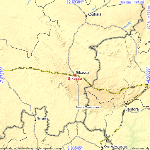 Topographic map of Sikasso