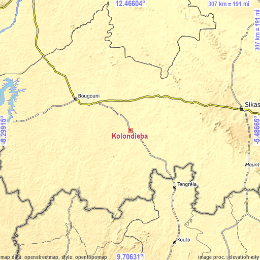 Topographic map of Kolondiéba