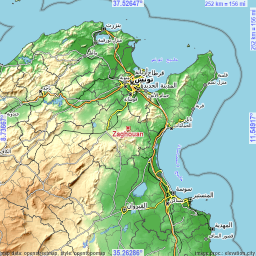 Topographic map of Zaghouan