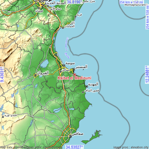 Topographic map of Ksibet el Mediouni