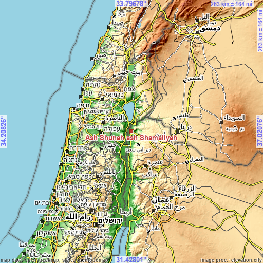 Topographic map of Ash Shūnah ash Shamālīyah