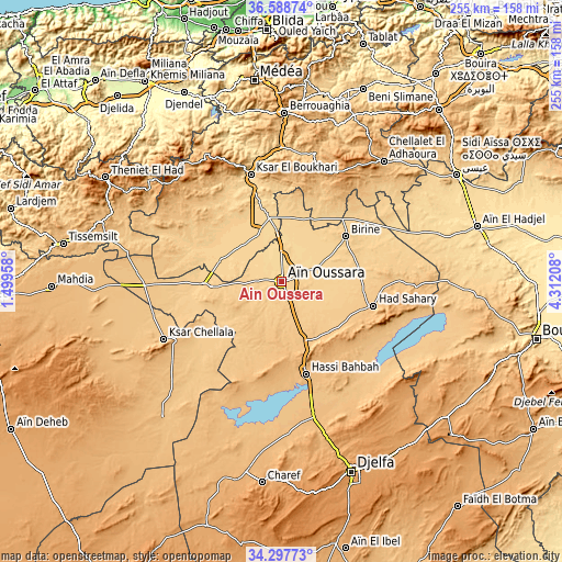 Topographic map of Aïn Oussera