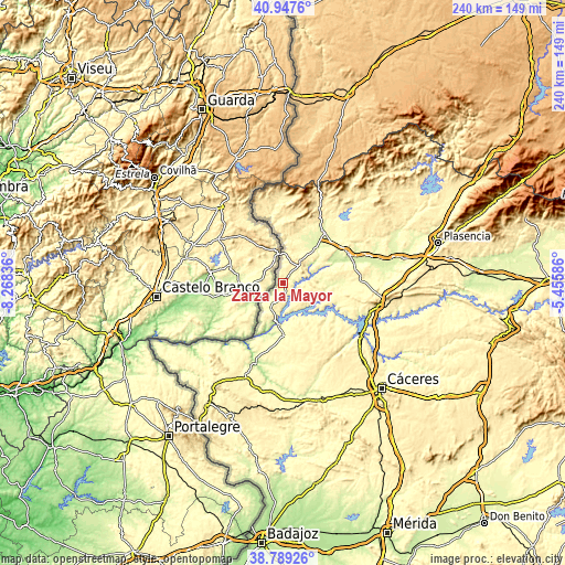 Topographic map of Zarza la Mayor