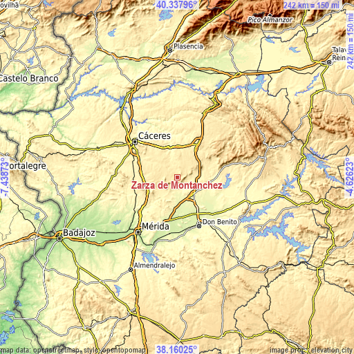 Topographic map of Zarza de Montánchez