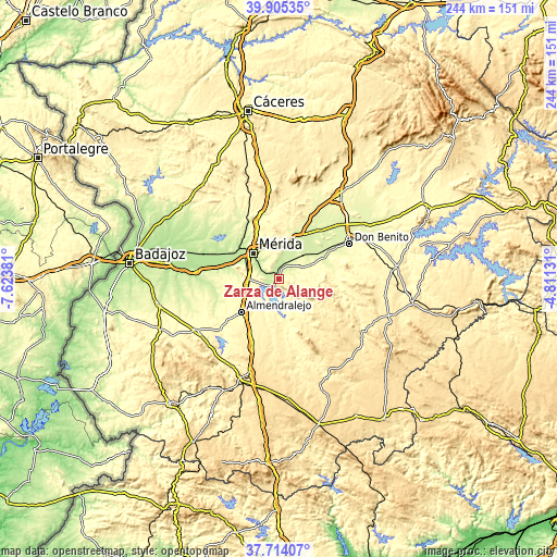 Topographic map of Zarza de Alange