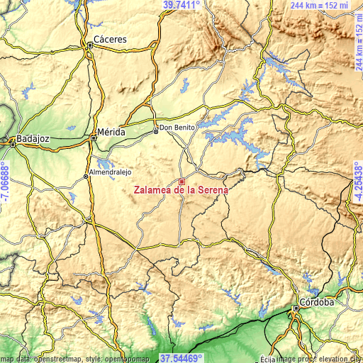 Topographic map of Zalamea de la Serena