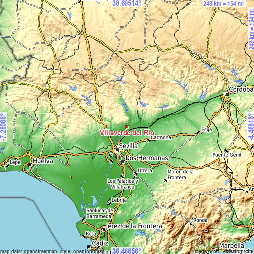 Topographic map of Villaverde del Río