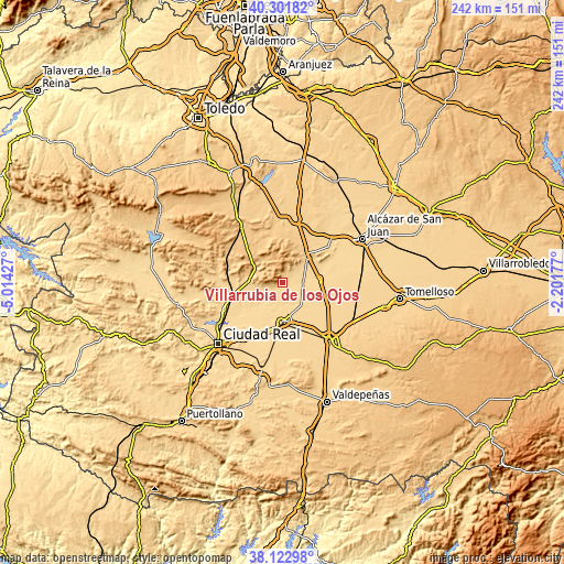 Topographic map of Villarrubia de los Ojos