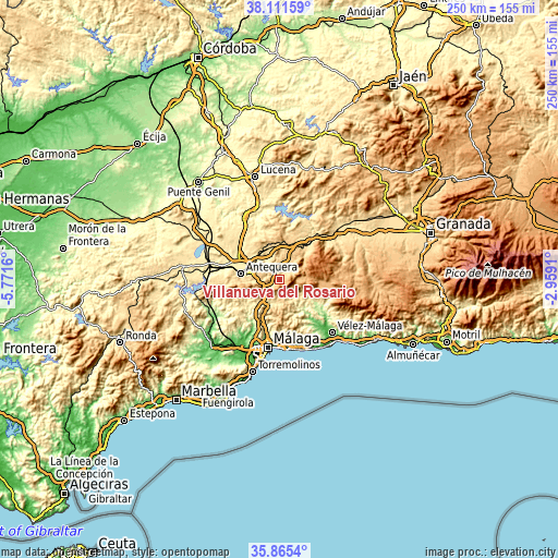 Topographic map of Villanueva del Rosario