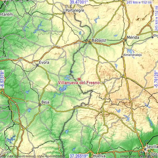 Topographic map of Villanueva del Fresno