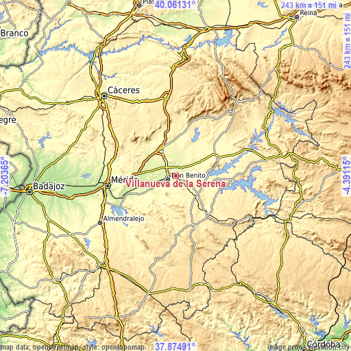 Topographic map of Villanueva de la Serena