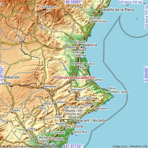 Topographic map of Villanueva de Castellón