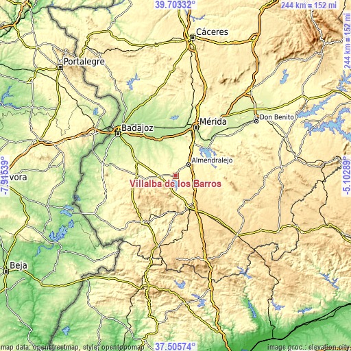 Topographic map of Villalba de los Barros