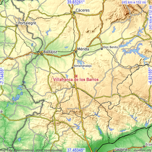 Topographic map of Villafranca de los Barros