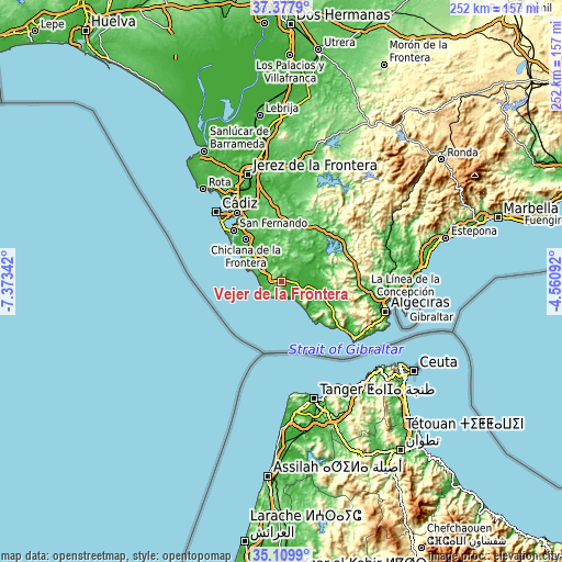 Topographic map of Vejer de la Frontera