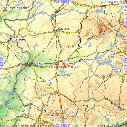 Topographic map of Valverde de Mérida