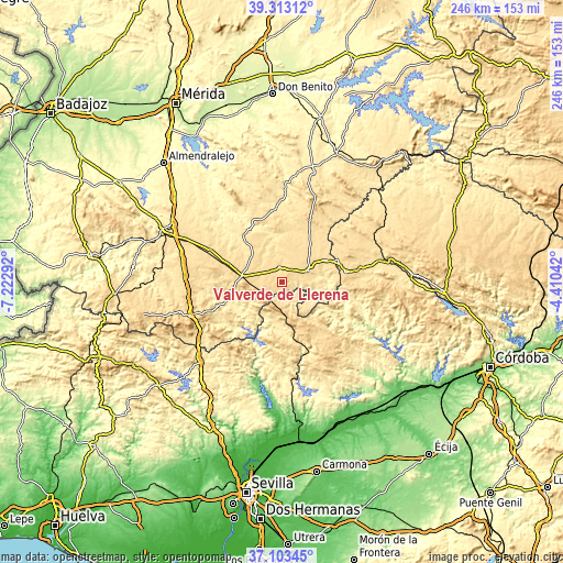 Topographic map of Valverde de Llerena