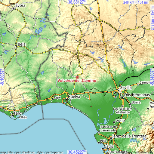 Topographic map of Valverde del Camino