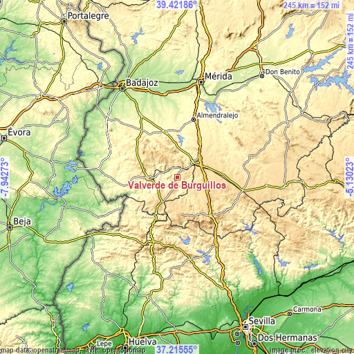 Topographic map of Valverde de Burguillos