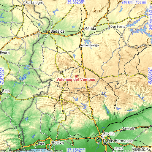 Topographic map of Valencia del Ventoso