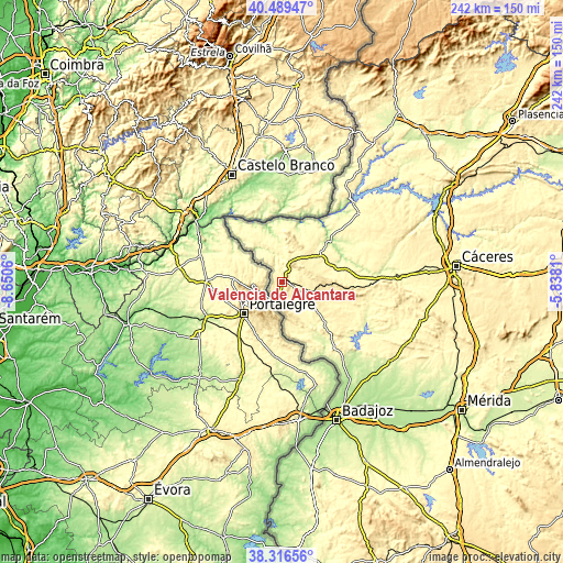 Topographic map of Valencia de Alcántara