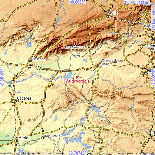 Topographic map of Valdeverdeja