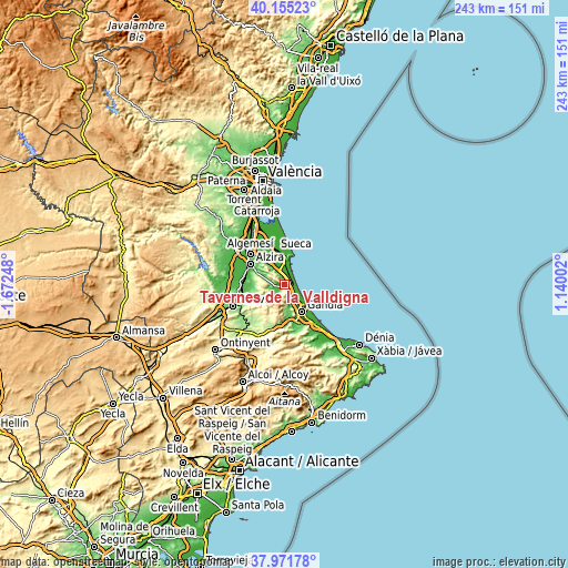 Topographic map of Tavernes de la Valldigna