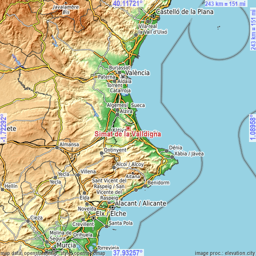 Topographic map of Simat de la Valldigna