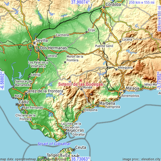 Topographic map of Setenil de las Bodegas