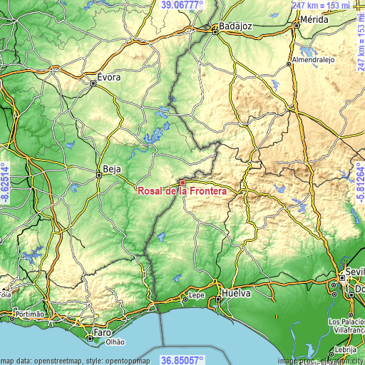 Topographic map of Rosal de la Frontera