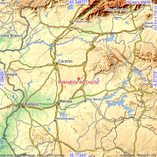 Topographic map of Robledillo de Trujillo