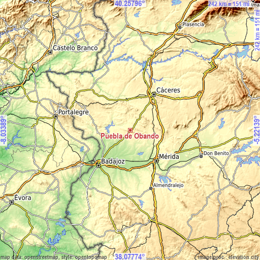 Topographic map of Puebla de Obando